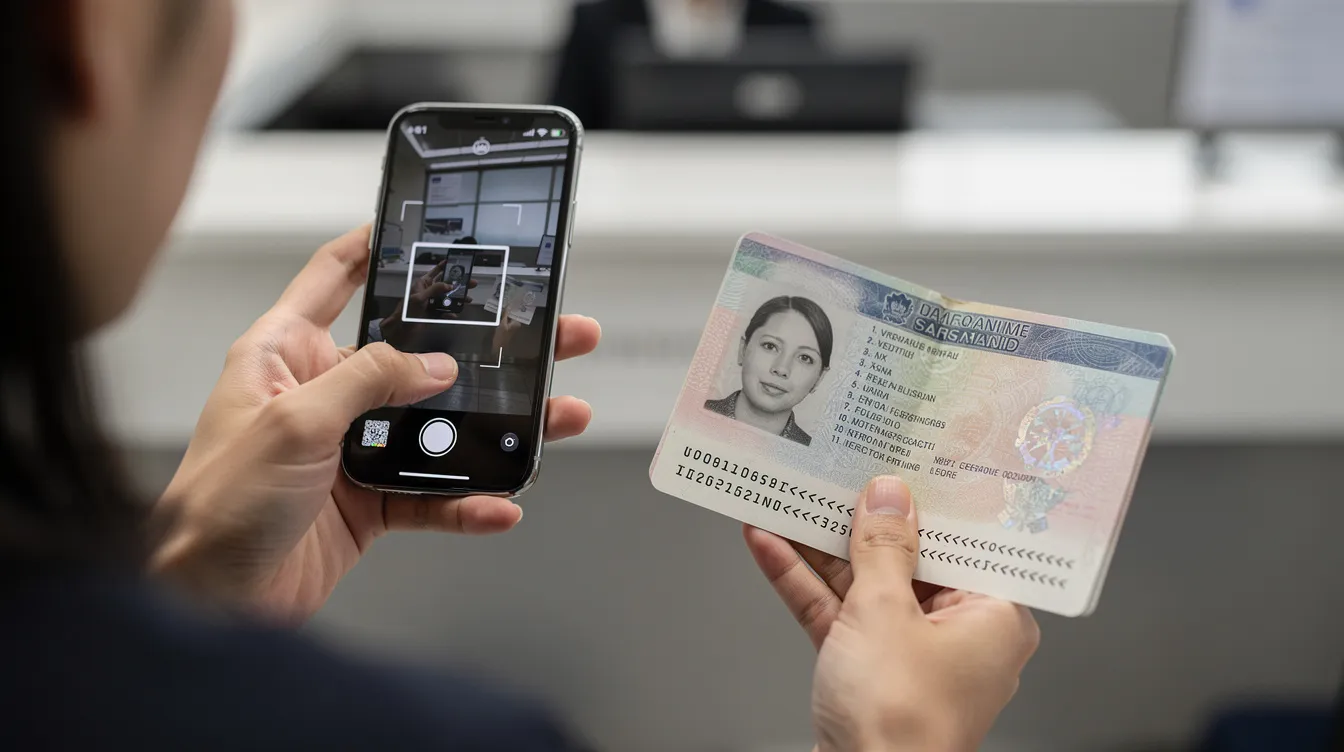 A person is holding a smartphone, scanning a passport page with the phone camera, demonstrating the process of identity verification. This image highlights the use of modern identity verification platforms to ensure document verification and prevent fraud.