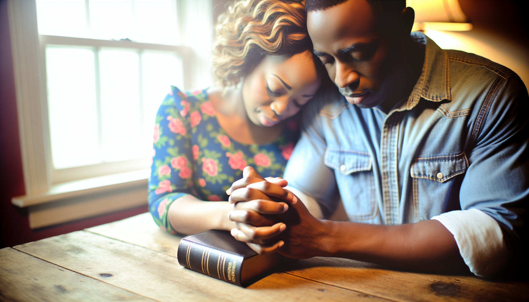 A couple holding hands in prayer, nurturing a Christ-centered courtship