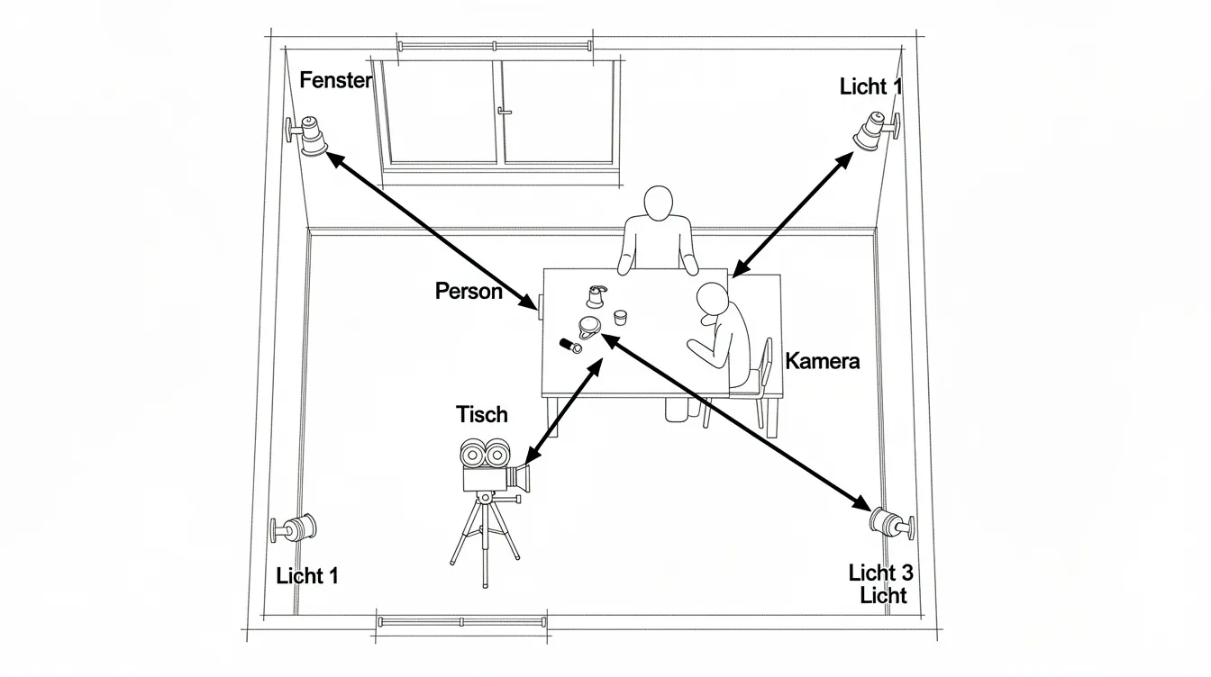 Die Draufsicht-Skizze zeigt ein kleines Filmset mit einem Raum, der ein Fenster hat. Eine Person sitzt an einem Tisch, während drei Lichtquellen, die mit Pfeilen markiert sind, die Lichtsetzung und Beleuchtung der Szenerie verdeutlichen; eine Kamera steht gegenüber, und alle Elemente sind mit Symbolen beschriftet, um die Technik und das Setup zu erläutern.