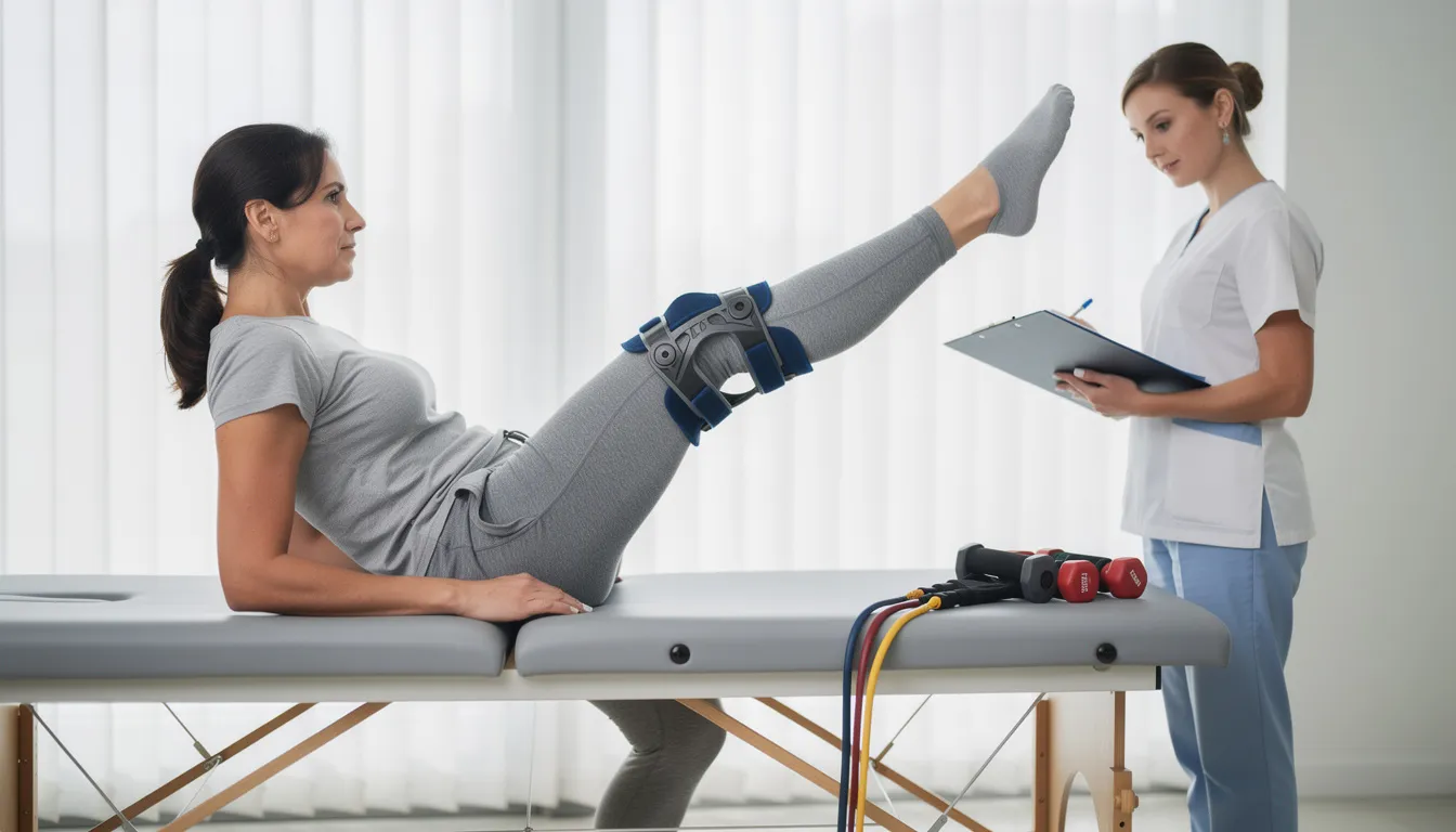 The image shows a person engaged in physical therapy exercises aimed at knee rehabilitation, focusing on strengthening the muscles around the knee joint to aid recovery from an ACL tear. This rehabilitation process is essential for healing and may involve techniques related to stem cell therapy and regenerative medicine for optimal outcomes.