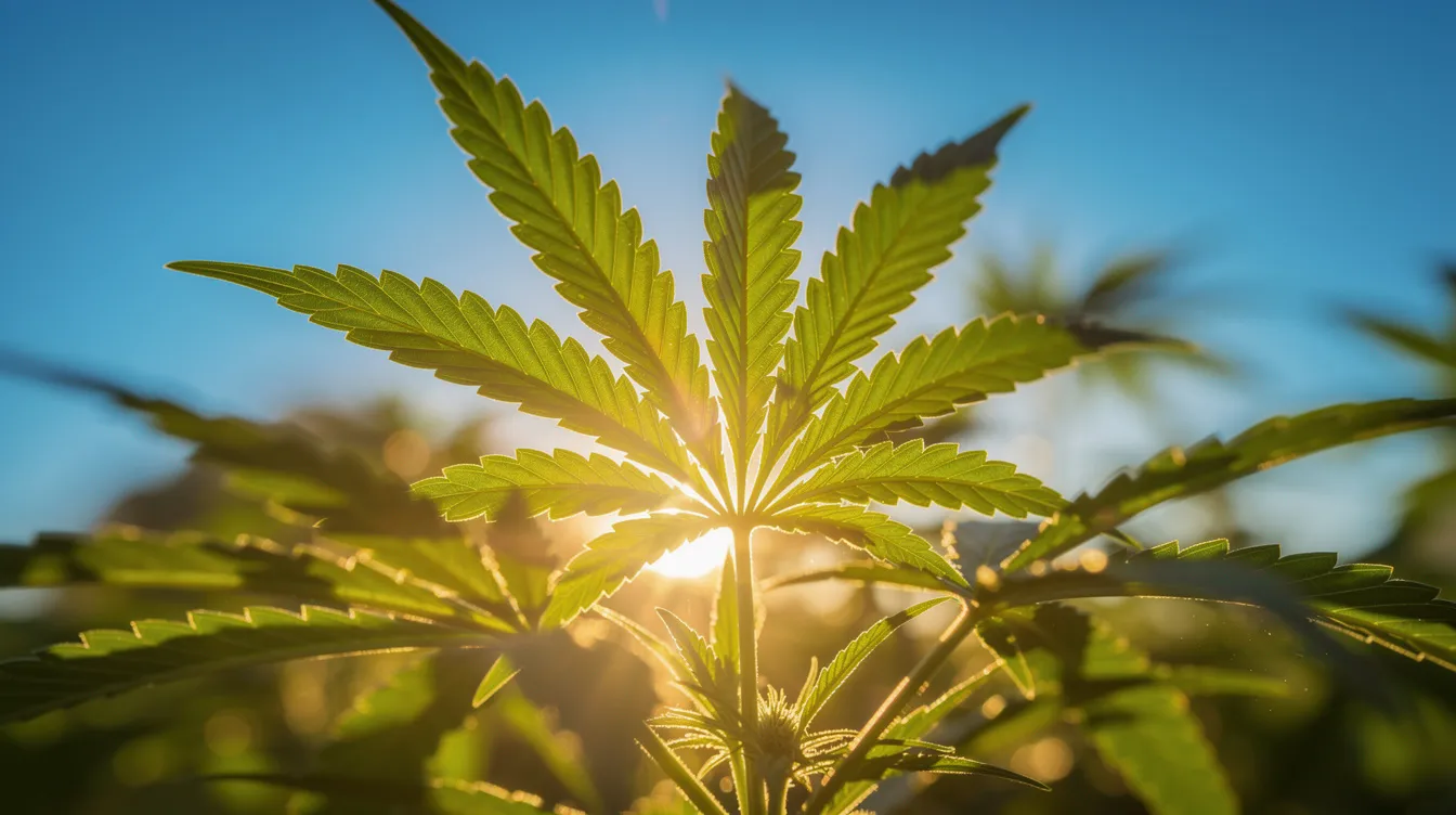 The image features vibrant green cannabis leaves illuminated by warm sunlight, set against a clear blue sky. This scene highlights the natural beauty of the cannabis plant, often associated with hemp derived cannabinoids and the evolving legal landscape surrounding hemp products in Louisiana.