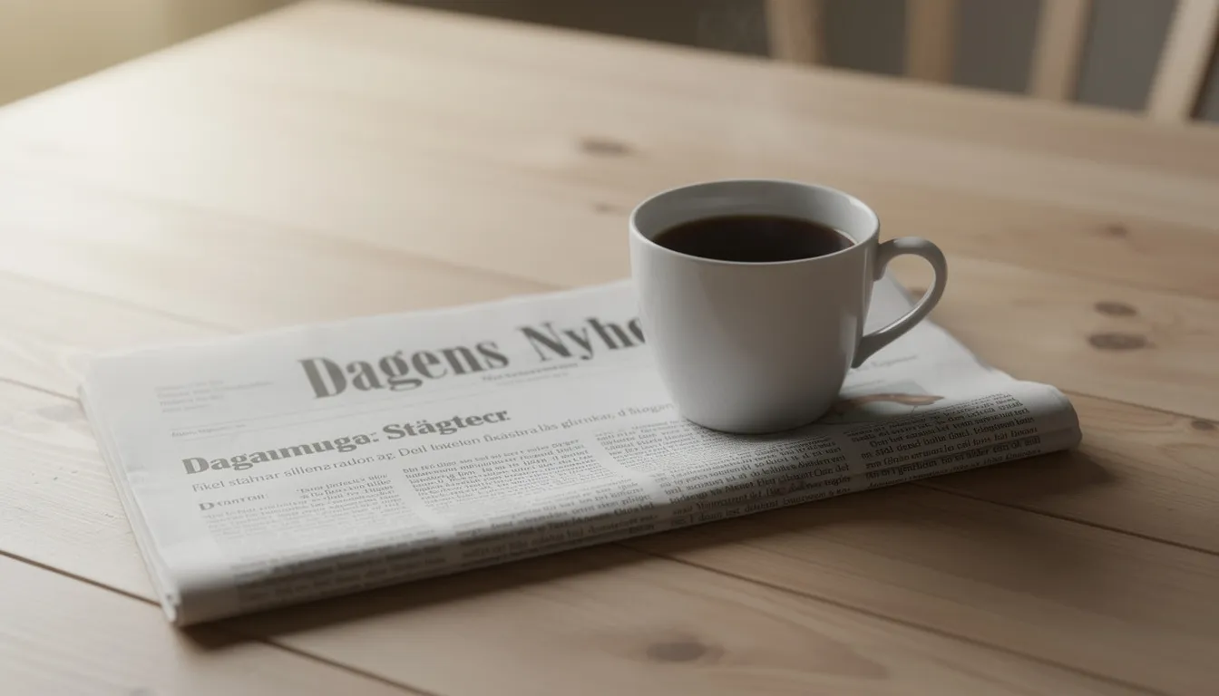 En närbild av ett ljust träbord där en kopp kaffe står bredvid en tidning. Bordet är ett litet matbord som passar perfekt i mindre kök eller som en mysig plats för en snabb fika.
