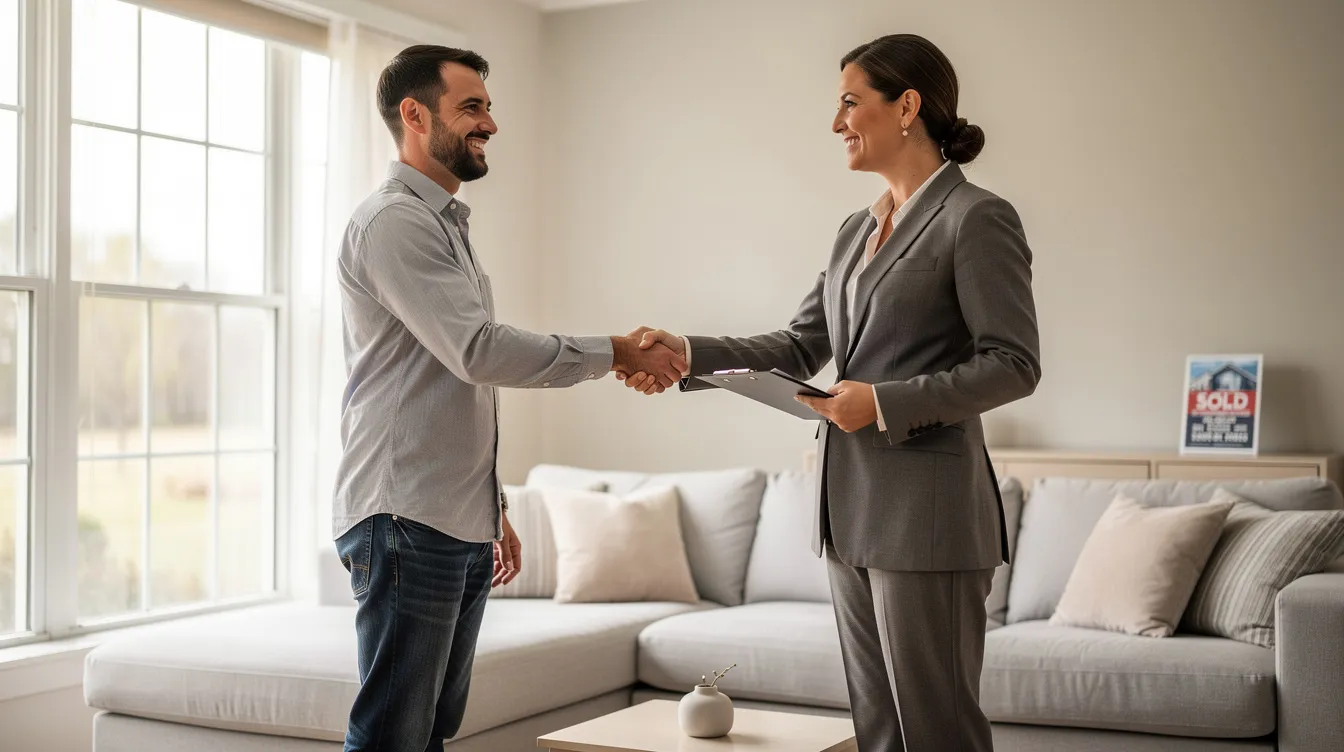 In a bright living room, a professional and a homebuyer engage in a handshake, symbolizing the start of their relationship in the mortgage process. This moment highlights the critical role of human loan officers in providing personalized service and emotional intelligence in the mortgage industry, even as AI tools begin to automate routine tasks.