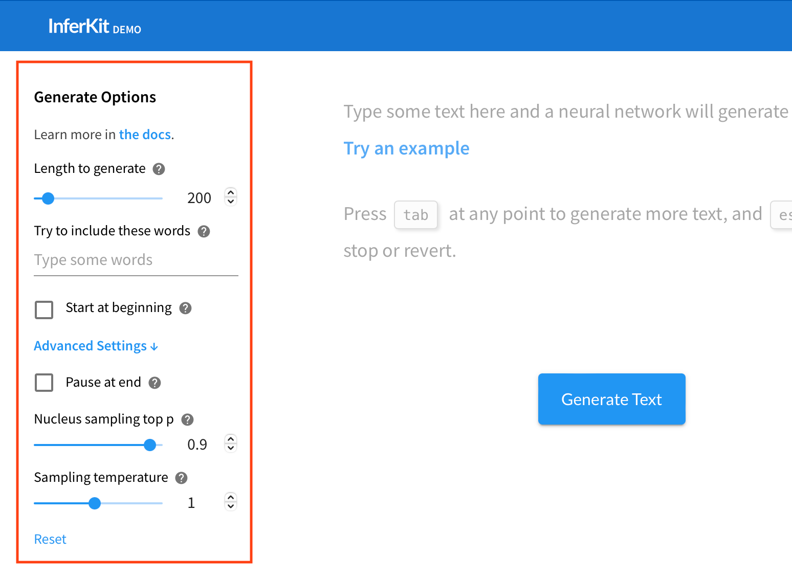 Inferkit Generate Options and settings explained