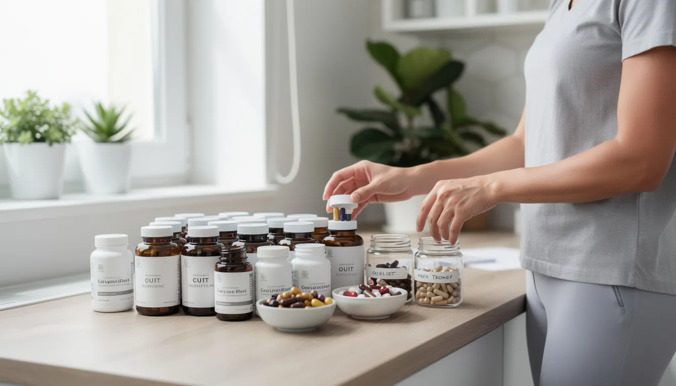 A person is carefully organizing various supplement bottles and capsules in a bright and tidy wellness space, emphasizing the importance of anti-aging supplements for healthy aging and skin hydration. The arrangement highlights products that support collagen production and improve skin texture, essential for combating skin aging and promoting overall health.