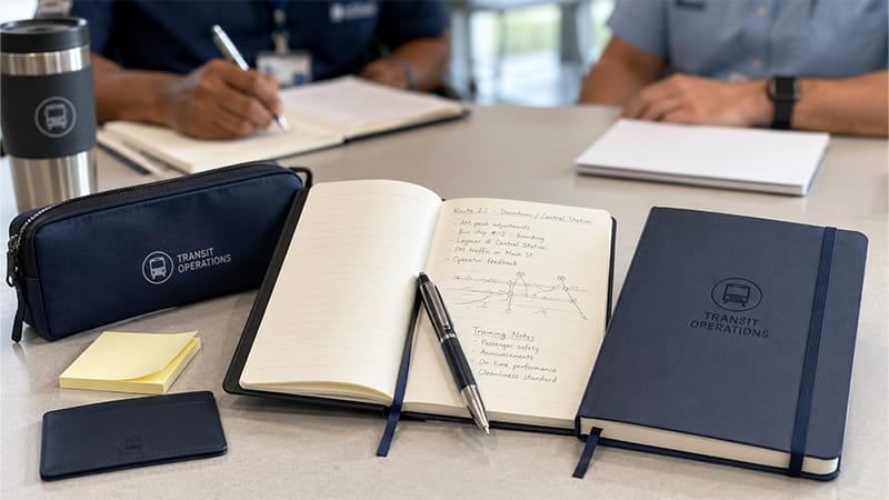 Personalized notebook, pen, stationery pouch, and tumbler for a transportation team