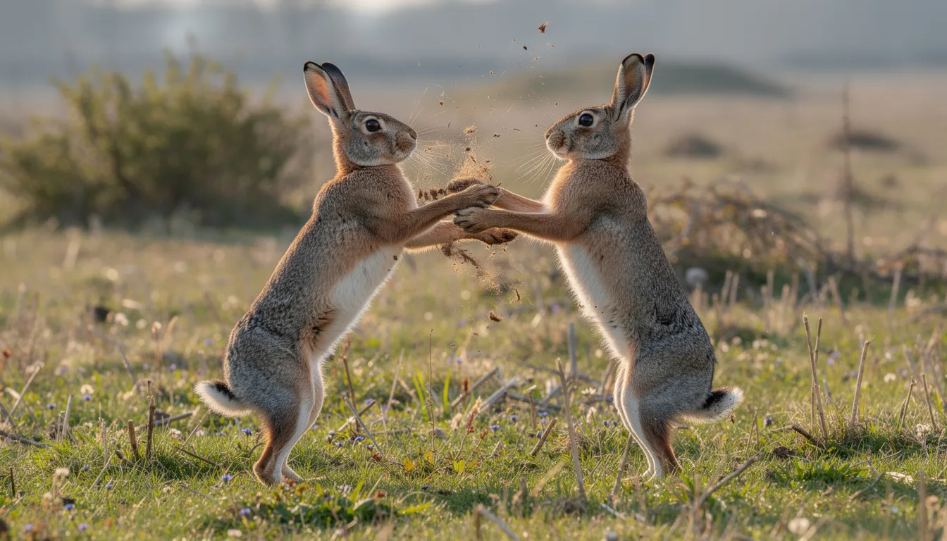 Two young hares, standing upright on their powerful hind legs, are playfully boxing in an open field adorned with young trees during early spring. Their dark brown fur and longer ears are visible as they engage in this lively display, showcasing the spirited nature of these swift animals from the genus Lepus.