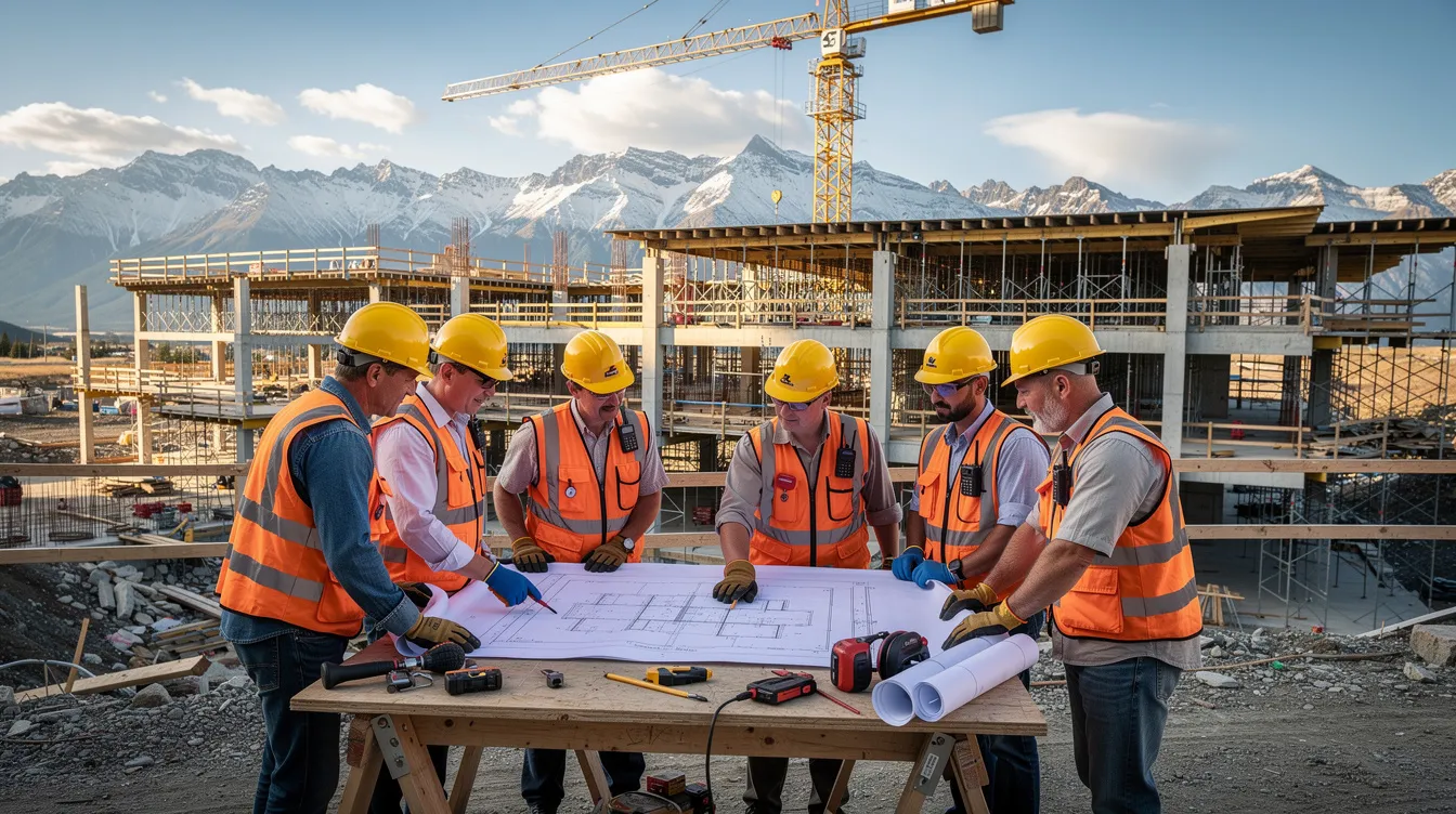 A group of construction workers wearing hard hats and safety vests are collaborating on a commercial building site, with majestic mountains in the background. This scene highlights the teamwork and safety essential in the construction industry, as professionals engage in project management and utilize AI technologies to enhance operational efficiency.