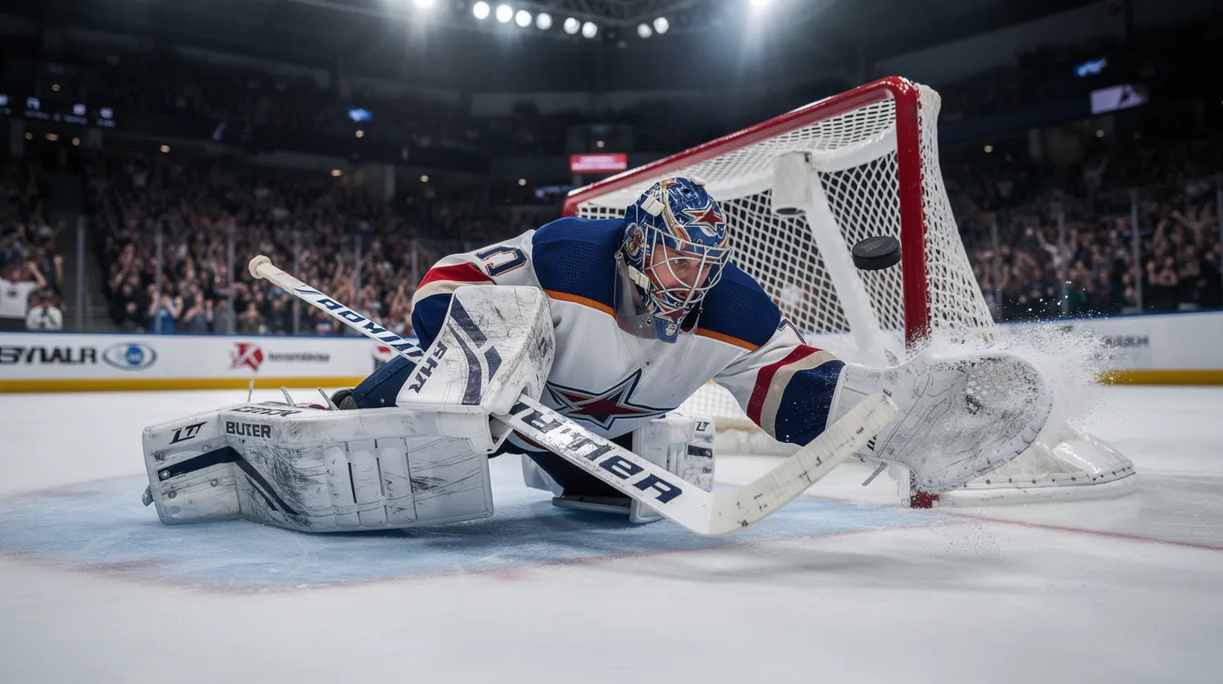 En hockeymålvakt i full utrustning gör en spektakulär dykande räddning under en match. Denna bild fångar den intensiva stämningen som ofta förekommer i NHL, särskilt under Stanley Cup-finalerna.