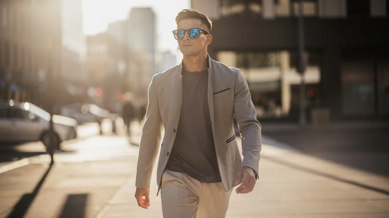 A person is walking outdoors on a sunny day, wearing stylish dark sunglasses that enhance their facial features. The sunglasses provide a chic look while also suggesting a desire to protect their eyes from the sun, possibly after lower eyelid surgery.