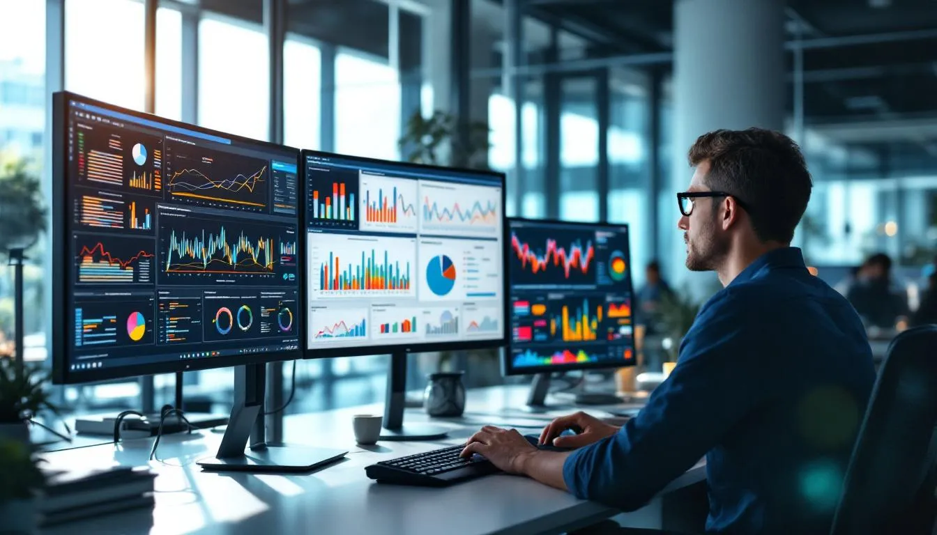 A data analyst is actively engaged with complex data visualizations and charts showcased on large computer screens, utilizing advanced analytics tools to analyze data and gain deeper insights. The environment reflects a focus on data integration, preparation, and visualization, highlighting the importance of business intelligence tools in decision-making processes.