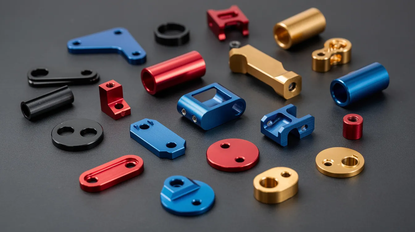 An assortment of anodized aluminum parts in vibrant colors such as black, blue, red, and gold is displayed on a dark surface, showcasing their durable, corrosion-resistant anodized finishes. The metallic surfaces reflect light, highlighting the variety of hues and textures in this collection of coated metal components.