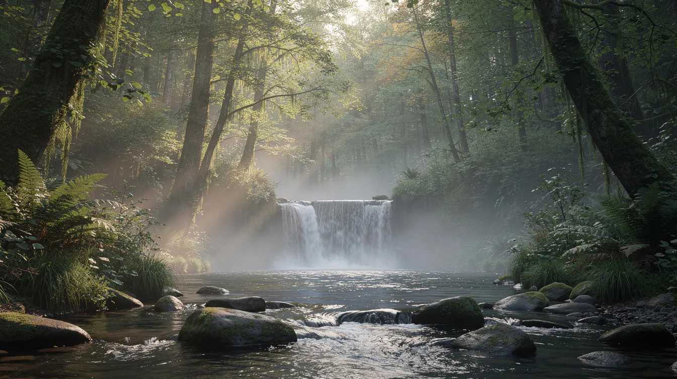 A gentle waterfall flows through a serene forest, with mist rising softly around it, creating a soothing atmosphere reminiscent of nature sounds. This tranquil scene can enhance deep sleep and improve sleep quality, making it an ideal backdrop for relaxation and restful nights.