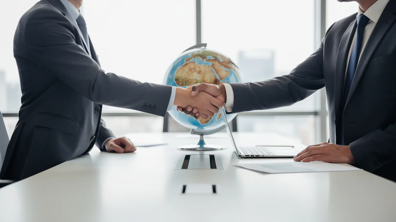 The image depicts two individuals shaking hands across a table, with a globe and a laptop prominently displayed, symbolizing international collaboration and global money transfers. This scene reflects the ease of sending money abroad and managing HSBC accounts for international payments.