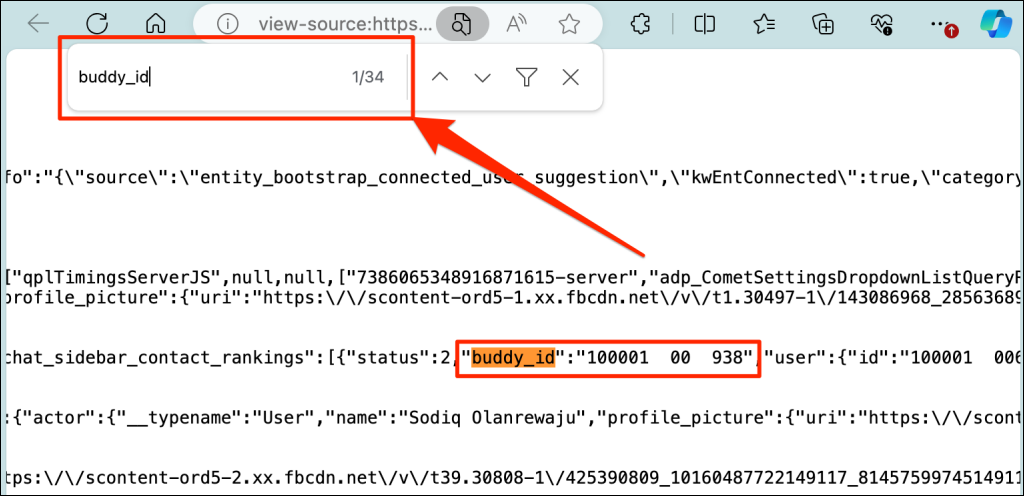 Steps to find buddy_id on a Facebook profile source code page 