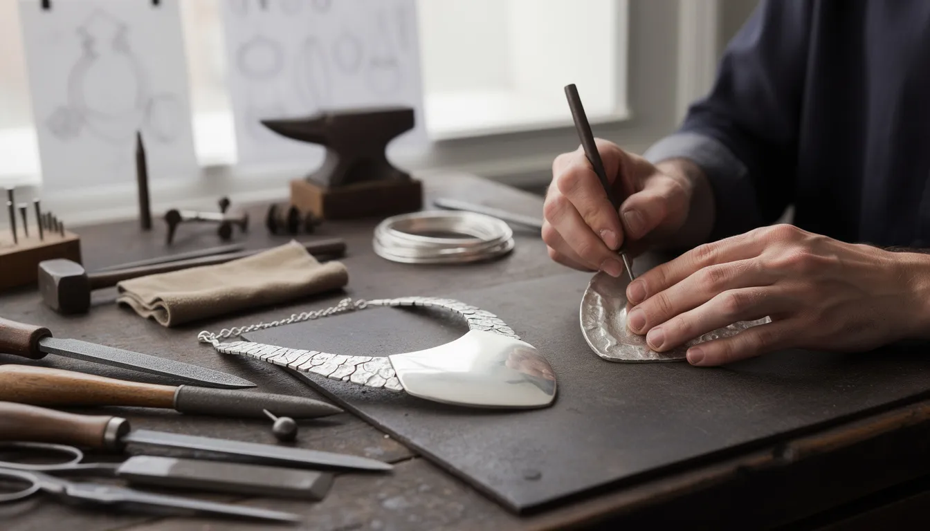 The image showcases a collection of handcrafted silver statement necklaces, each exhibiting a unique design that blends polished finishes with textured elements. The craftsmanship highlights the elegance and sophistication of these sterling silver pieces, making them perfect for any occasion.