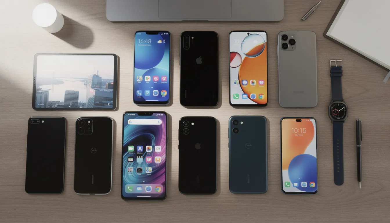 The image depicts a variety of smartphones and mobile devices, including models featuring the iconic Motorola logo, arranged neatly on a desk surface. The arrangement showcases different devices that may represent the latest offerings from Motorola Mobility LLC, highlighting their trademarked designs and technology.