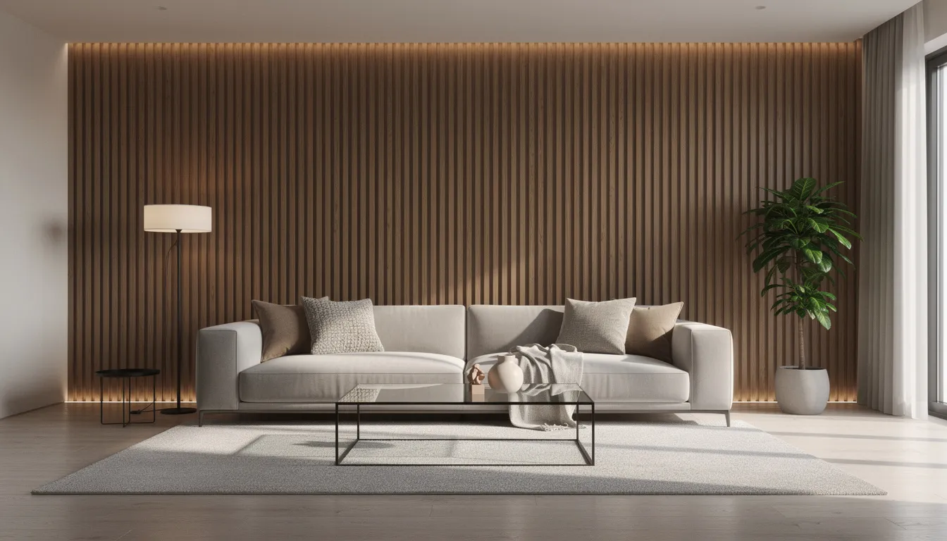 Een moderne woonkamer met een stijlvolle houten lattenwand achter een luxe bank, die een professionele uitstraling geeft. De nette afwerking van de wandpanelen benadrukt de warme sfeer van de ruimte.