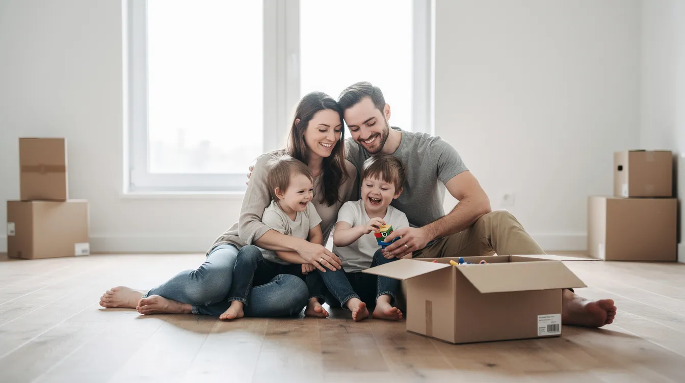 Eine glückliche Familie sitzt entspannt auf dem Boden ihrer leeren neuen Wohnung. Sie genießen den Moment des Neuanfangs und träumen von der zukünftigen Gestaltung ihres Eigenheims, während sie sich über die Finanzierungsmöglichkeiten und die verschiedenen Konditionen für ihren Immobilienkredit austauschen.