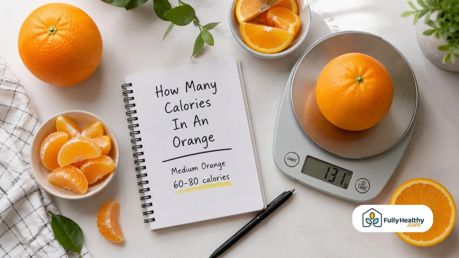 Medium orange on kitchen scale beside handwritten orange calorie nutrition notes