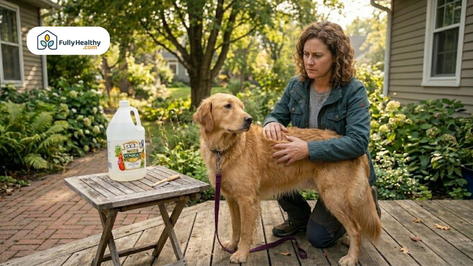Woman checking dog’s fur after using vinegar for fleas in backyard.
