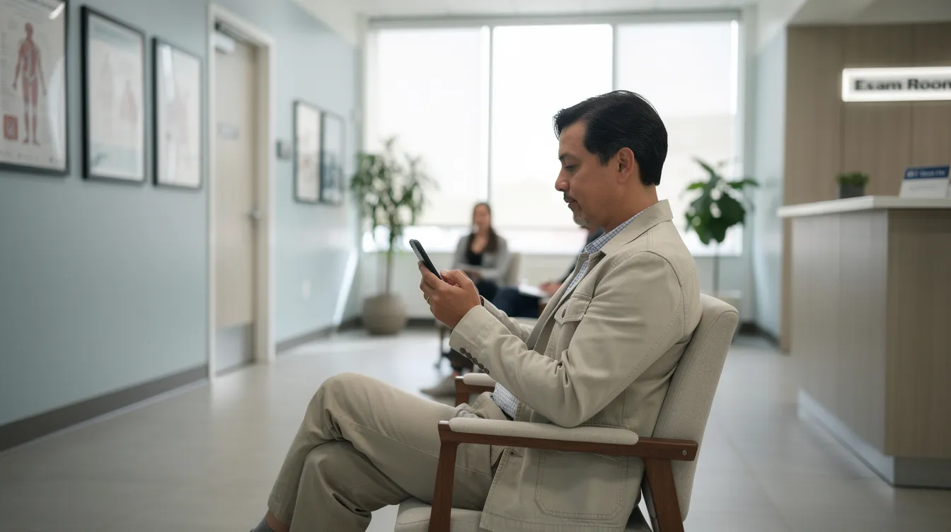 A patient is sitting in a medical waiting area, focused on their smartphone, possibly looking for dermatology services or checking patient reviews. This scene highlights the importance of local SEO strategies for attracting new patients to dermatology practices and improving their online visibility.