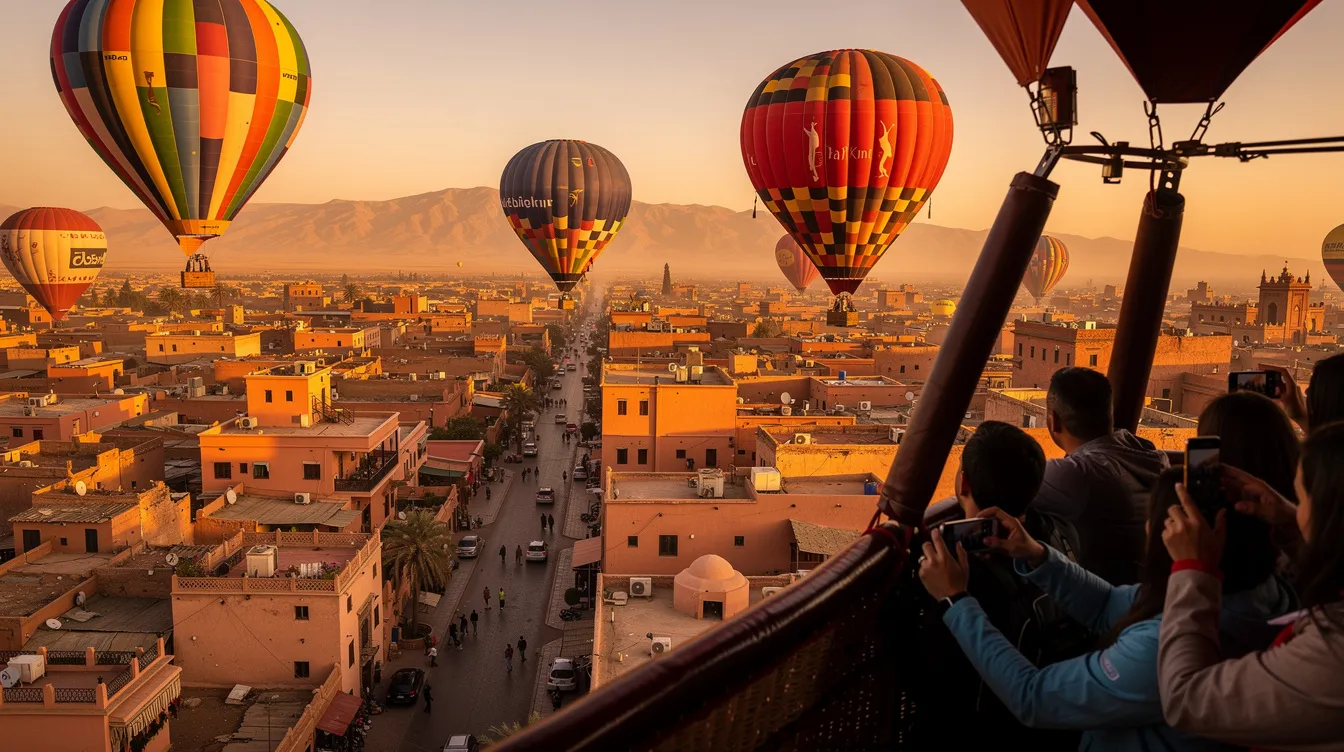 Um casal desfruta de um emocionante voo de balão sobre as deslumbrantes paisagens de Marrakech, com o sol iluminando as montanhas ao fundo. A cena captura a sensação de liberdade e aventura enquanto os balões flutuam suavemente nos ventos da região.
