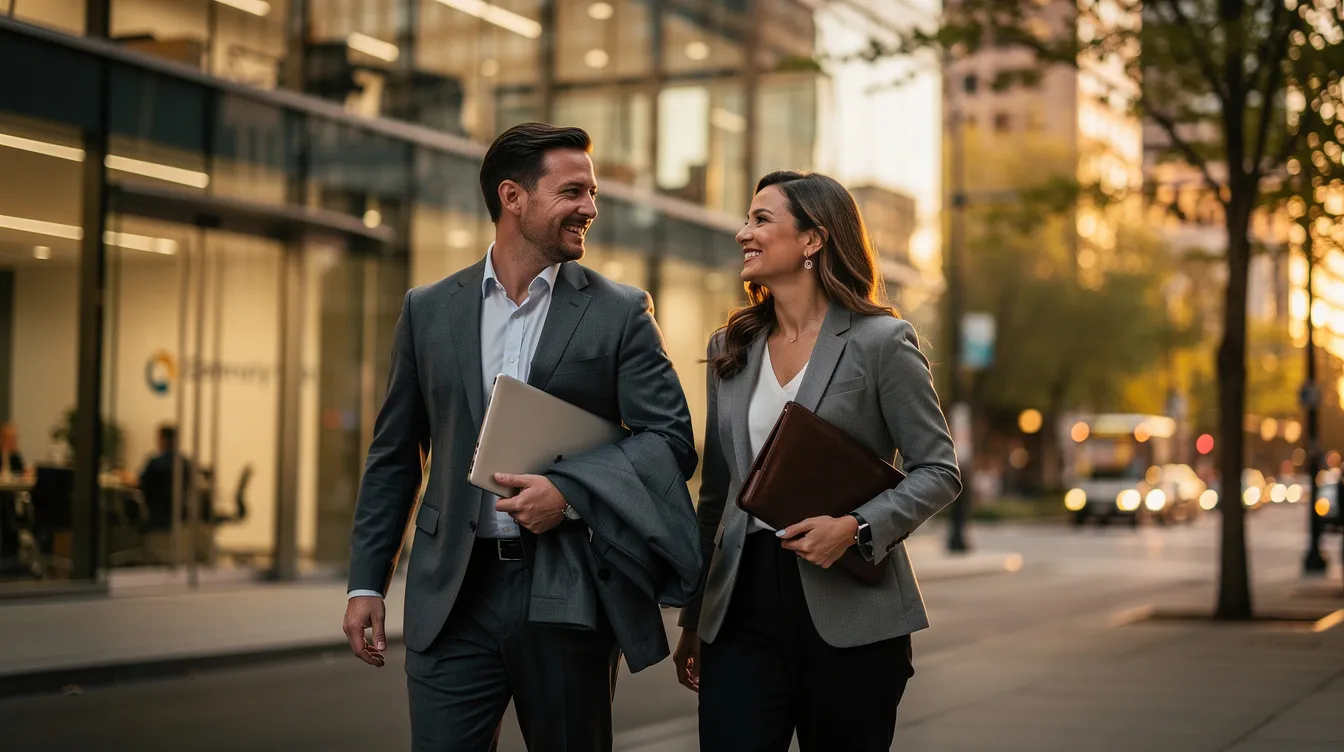 A couple is walking together outside after a business meeting, symbolizing a new chapter in their lives post-exit. The scene reflects themes of future cash flows and the potential for increased market value, highlighting the optimism associated with corporate finance decisions.