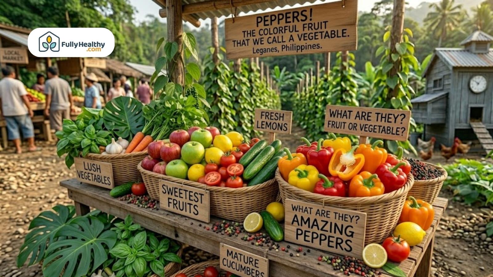 Market stall displaying colorful peppers fruits vegetables with signs in farm