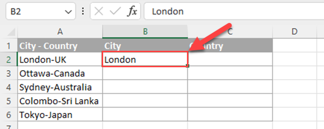 Type the first split in the adjacent column