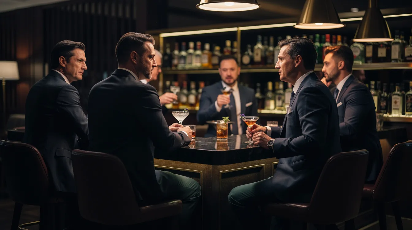 Eine Gruppe von Geschäftsmännern in fast identischen dunklen Anzügen sitzt an einer Bar in New York City, umgeben von gedämpftem Licht und Cocktailgläsern. Die Szene erinnert an die Atmosphäre aus Bret Easton Ellis' Werk und spiegelt den Yuppie-Lifestyle wider, der in Filmen wie "American Psycho" mit Christian Bale und Willem Dafoe thematisiert wird.