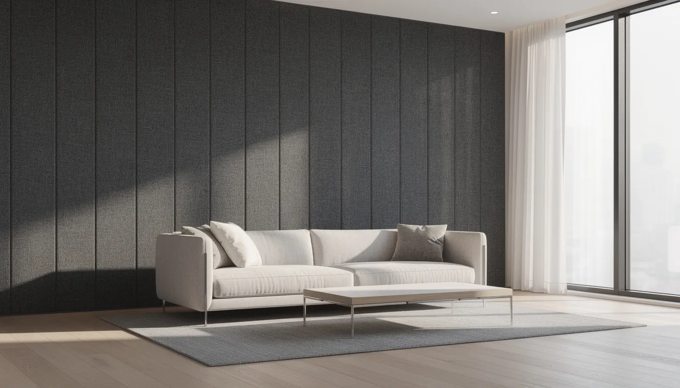 Een moderne woonkamer met donkergrijze gestoffeerde wandpanelen die een stijlvolle uitstraling geven, achter een lichte designbank. De akoestische panelen dragen bij aan de sfeer en zijn een ideale oplossing voor het verbeteren van de akoestiek in de ruimte.