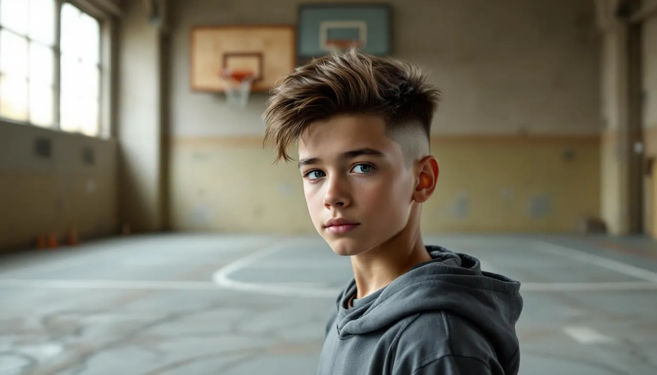 A young boy stands on a basketball court, showcasing a trendy boys haircut with long hair on top and short, faded sides, creating a polished appearance. The hairstyle features natural texture and a smooth transition, making it a bold statement for everyday wear.