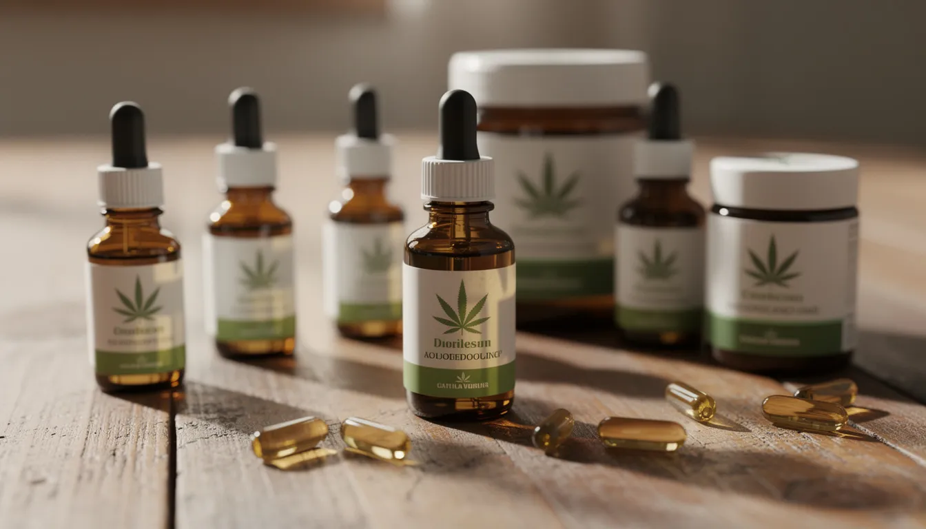 Auf einem Holztisch sind verschiedene Cannabinoid-Produkte wie Ölfläschchen und Kapseln angeordnet, die die unterschiedlichen Formen von CBD und deren Wirkungen darstellen. Diese Produkte bieten eine Vielzahl von Vorteilen für das Wohlbefinden und sind Teil des aktuellen Trends im Cannabidiol-Markt.