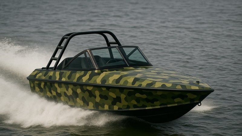 Boat wrapped in custom camouflage vinyl wrap