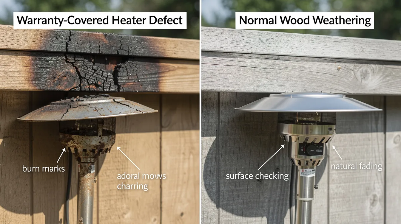 The image compares a sauna heater defect covered by warranty with normal wood weathering, highlighting the differences between manufacturing defects and normal wear and tear. It emphasizes that the warranty covers parts and service for defects during the warranty period, ensuring the sauna's structural integrity and performance.