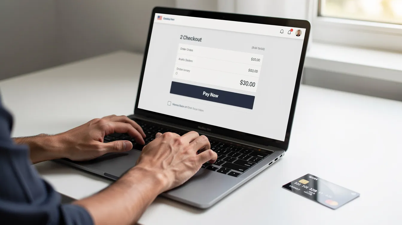 A person is seated at a desk, focused on completing an online payment using a laptop, with a credit card placed nearby. The scene reflects a secure online transaction environment, emphasizing a hassle-free mobile experience through the Upaisa app for managing funds and payments.
