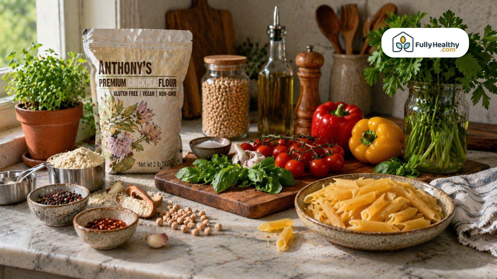 Chickpea flour ingredients with fresh vegetables and herbs on kitchen counter
