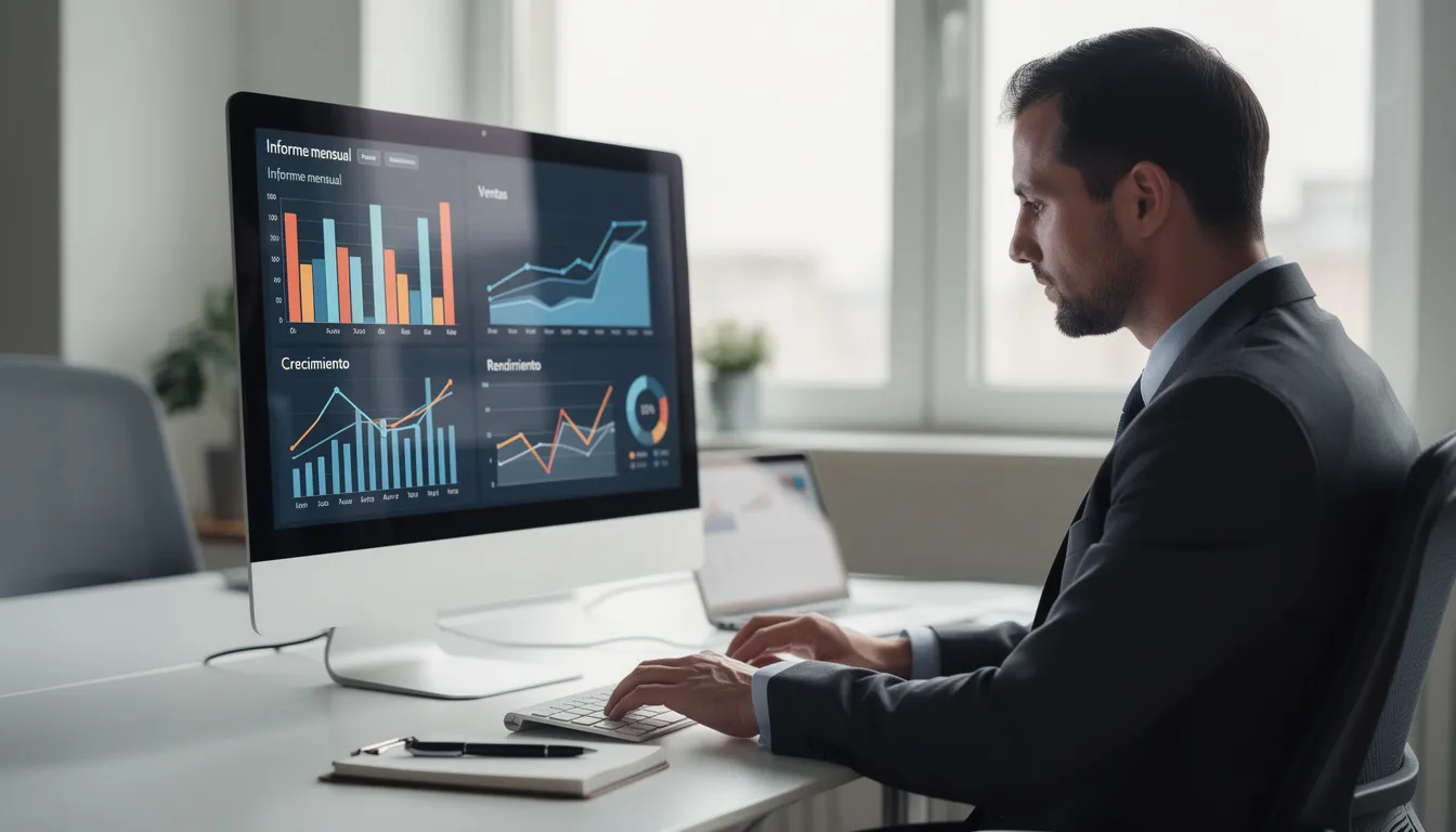 Un profesional de negocios está analizando datos en la pantalla de una computadora, rodeado de documentos y herramientas de gestión. La imagen refleja el enfoque en la toma de decisiones estratégicas para mejorar la gestión de clientes de Agendapro y optimizar el crecimiento del negocio.