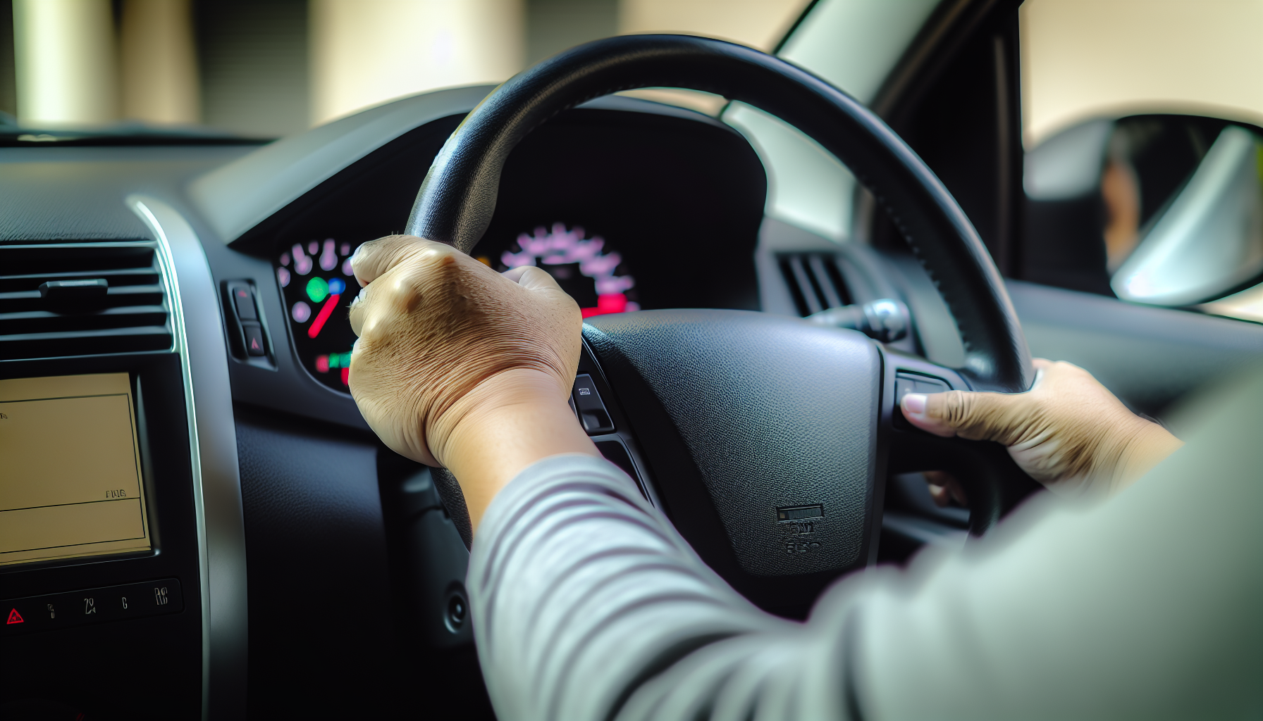 Driver's hands on a steering wheel shaking due to brake pulsation