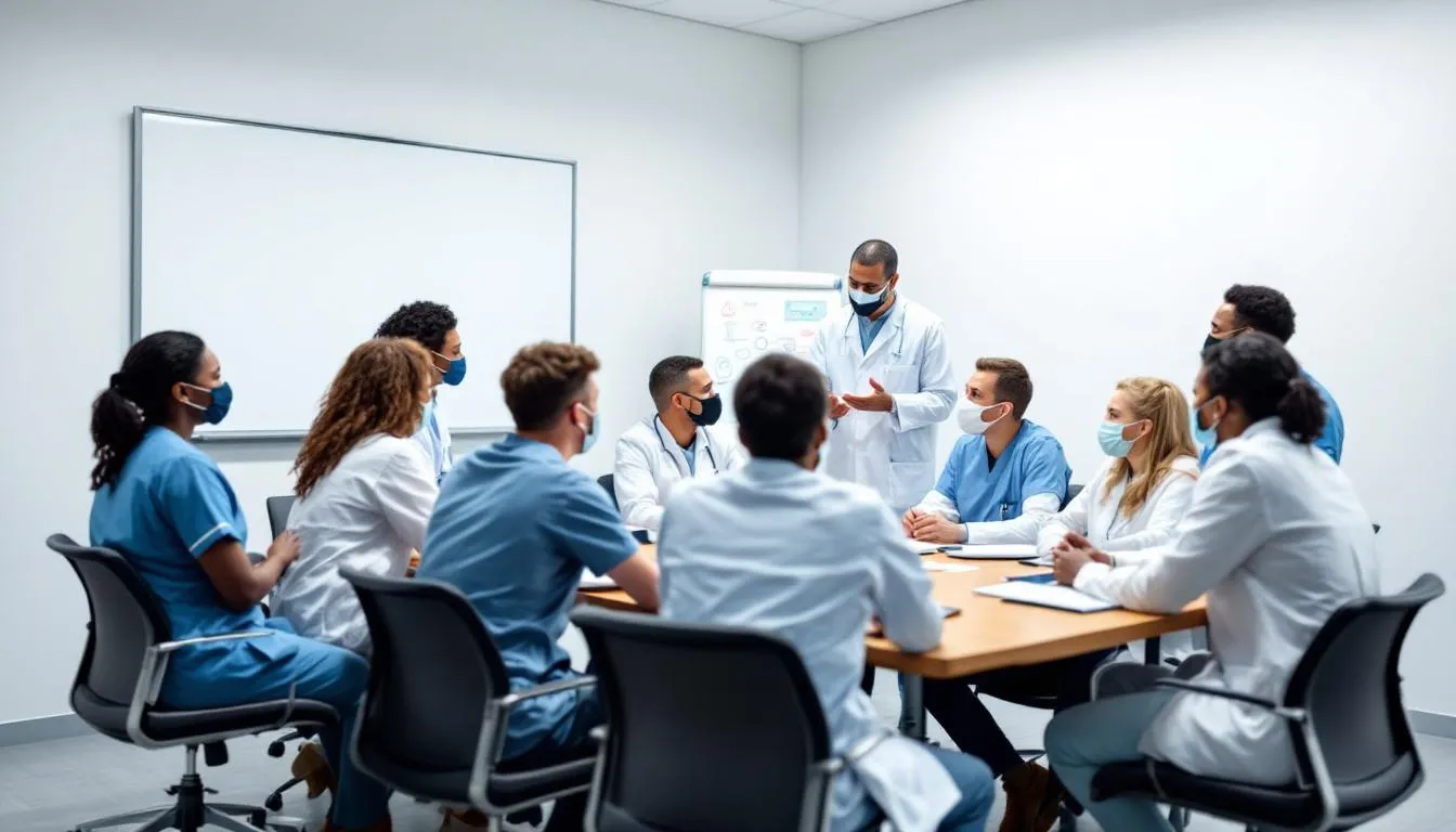 A group of medical professionals is seated around a table in a conference room, engaged in a discussion about infection control strategies to prevent healthcare associated infections in various healthcare settings. They are focusing on effective measures such as hand hygiene and the appropriate use of personal protective equipment to ensure patient safety and control the spread of infectious diseases.
