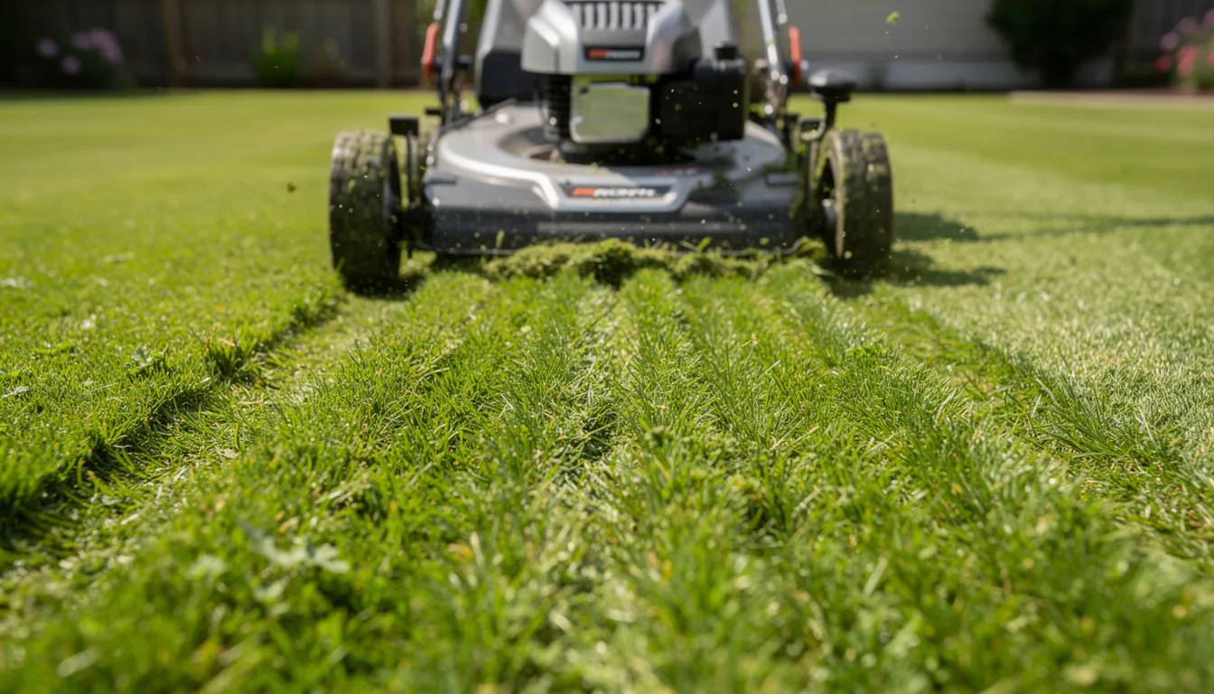 A close-up view of a lawn mower's blades cutting through lush green grass, creating neat stripes on the lawn. The image captures the essence of lawn care, showcasing the precision of mowing during the cooler hours of the day.