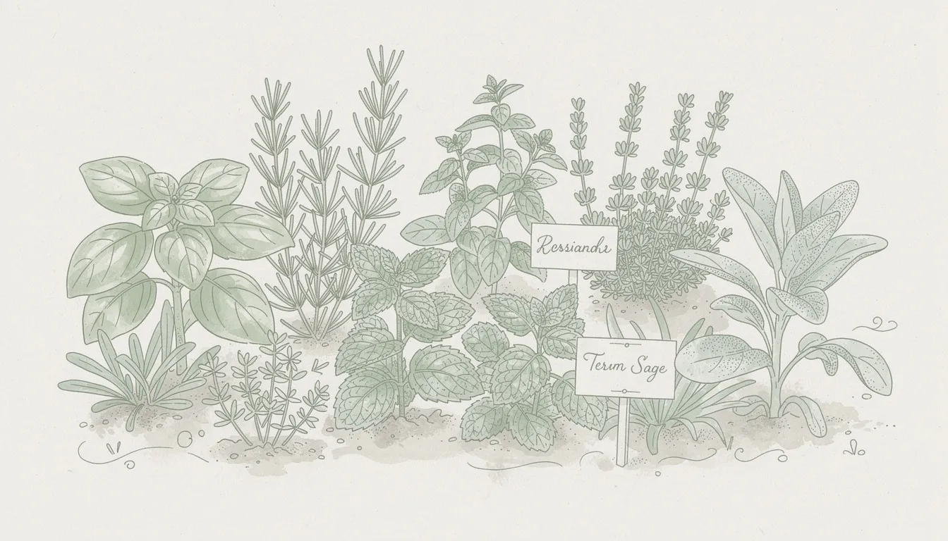 Cette illustration représente un jardin d'herbes serein avec des éléments botaniques, présentant des tons verts doux qui évoquent un sentiment de tranquillité. Elle sert de charmante pièce d'art mural de cuisine, parfaite pour ajouter un intérêt visuel et une perspective fraîche aux cuisines modernes ou aux espaces repas.