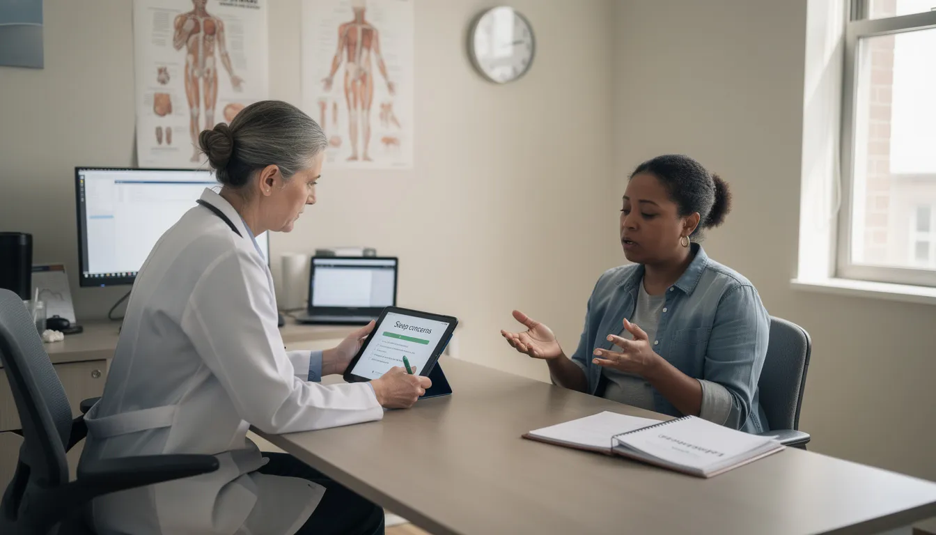 A healthcare provider is seated across from a patient in a medical office, discussing the patient's sleep problems, including symptoms of insomnia and sleep disorders. The consultation focuses on improving sleep hygiene and addressing issues like difficulty falling asleep and staying asleep for a restful night.