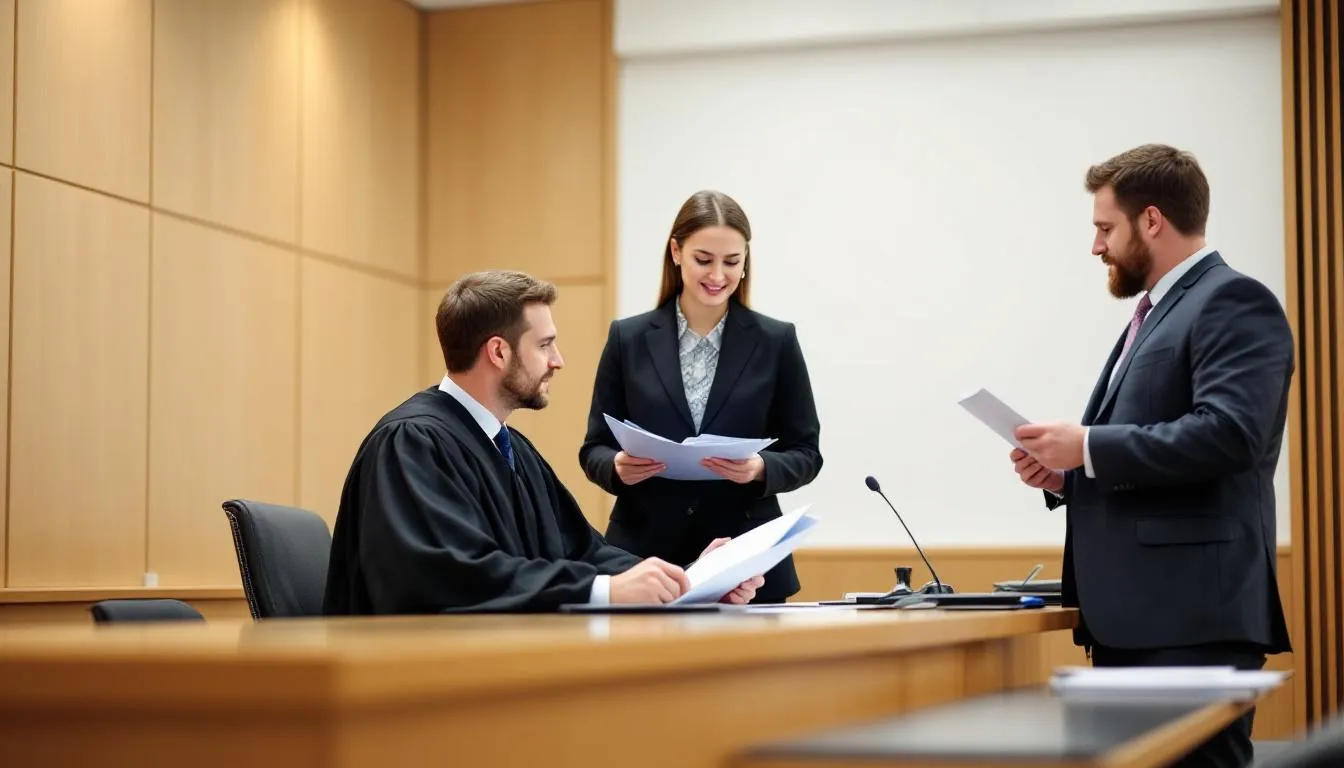 A traffic court scene in Durham, NC, showcasing legal professionals discussing traffic violations.