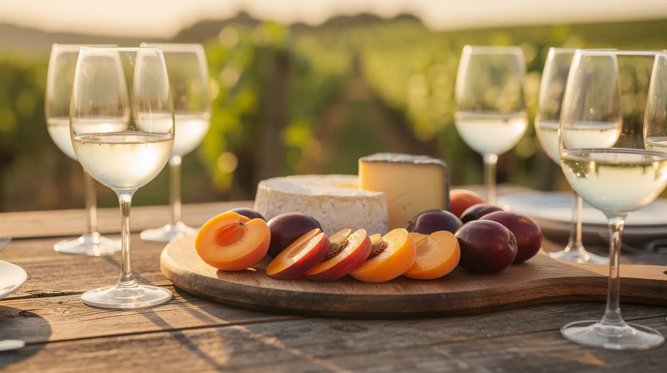 An outdoor table is elegantly set with wine glasses, a wooden board featuring cheese and sliced stone fruit, while lush vineyards are softly visible in the background, capturing the charm of Clarksburg wine country. This picturesque scene invites visitors to savor the quality of local wines and enjoy a delightful experience amidst the scenic beauty of the region.