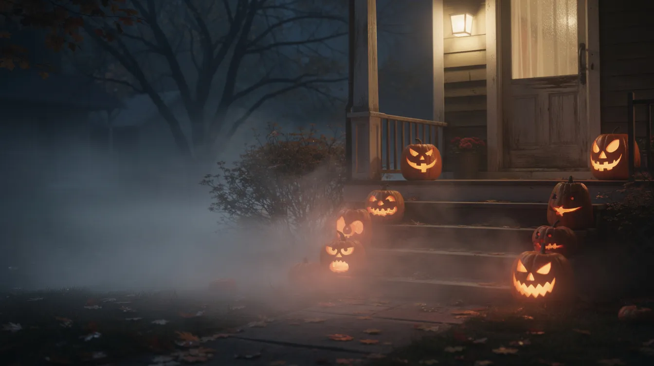 The image depicts a dimly lit front porch shrouded in fog, with glowing carved jack-o-lanterns illuminating the steps, setting an eerie yet festive mood for the Halloween countdown. The scene captures the excitement of October nights as guests prepare for the big night ahead.