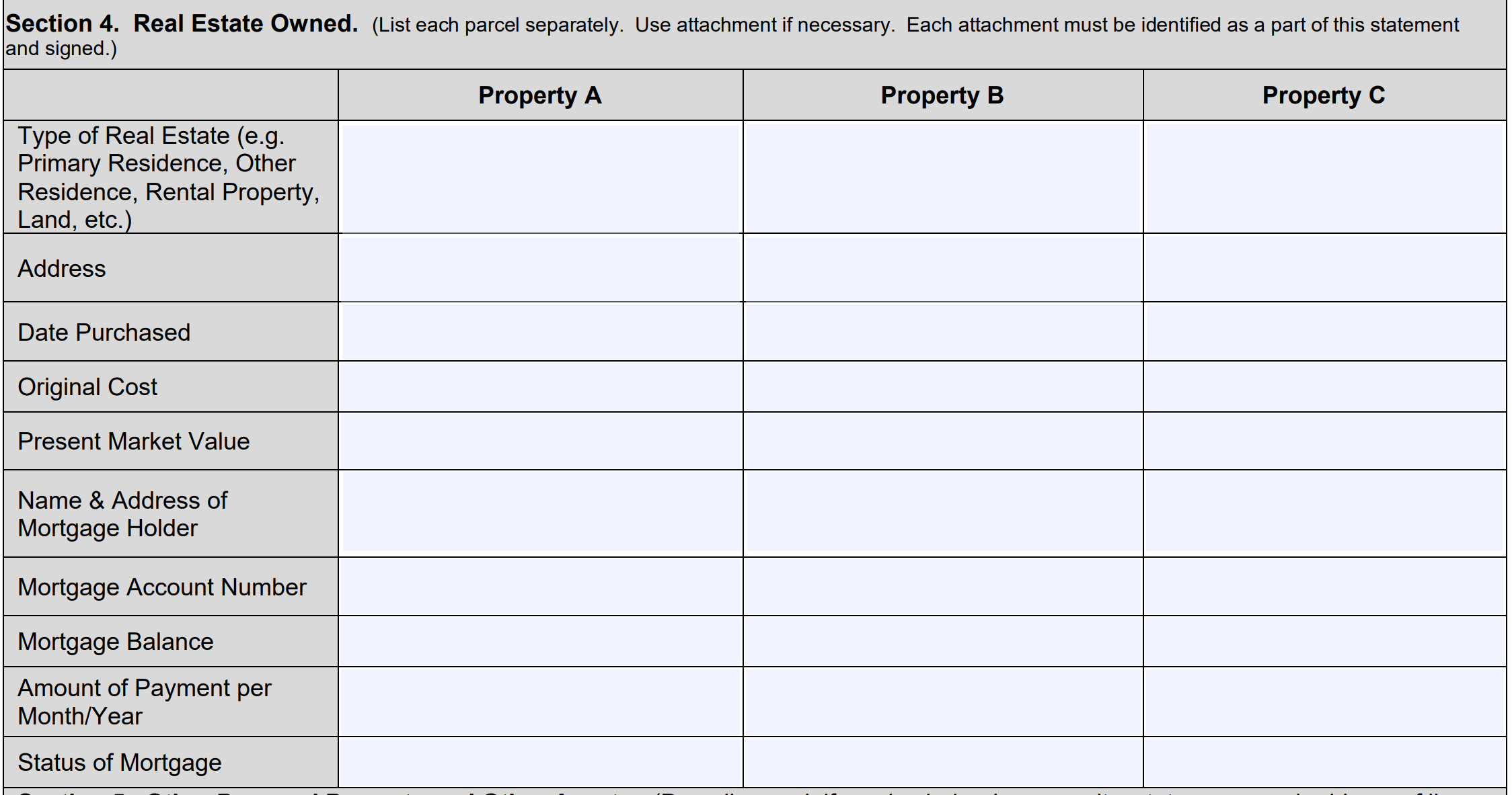 SBA personal financial statement, 