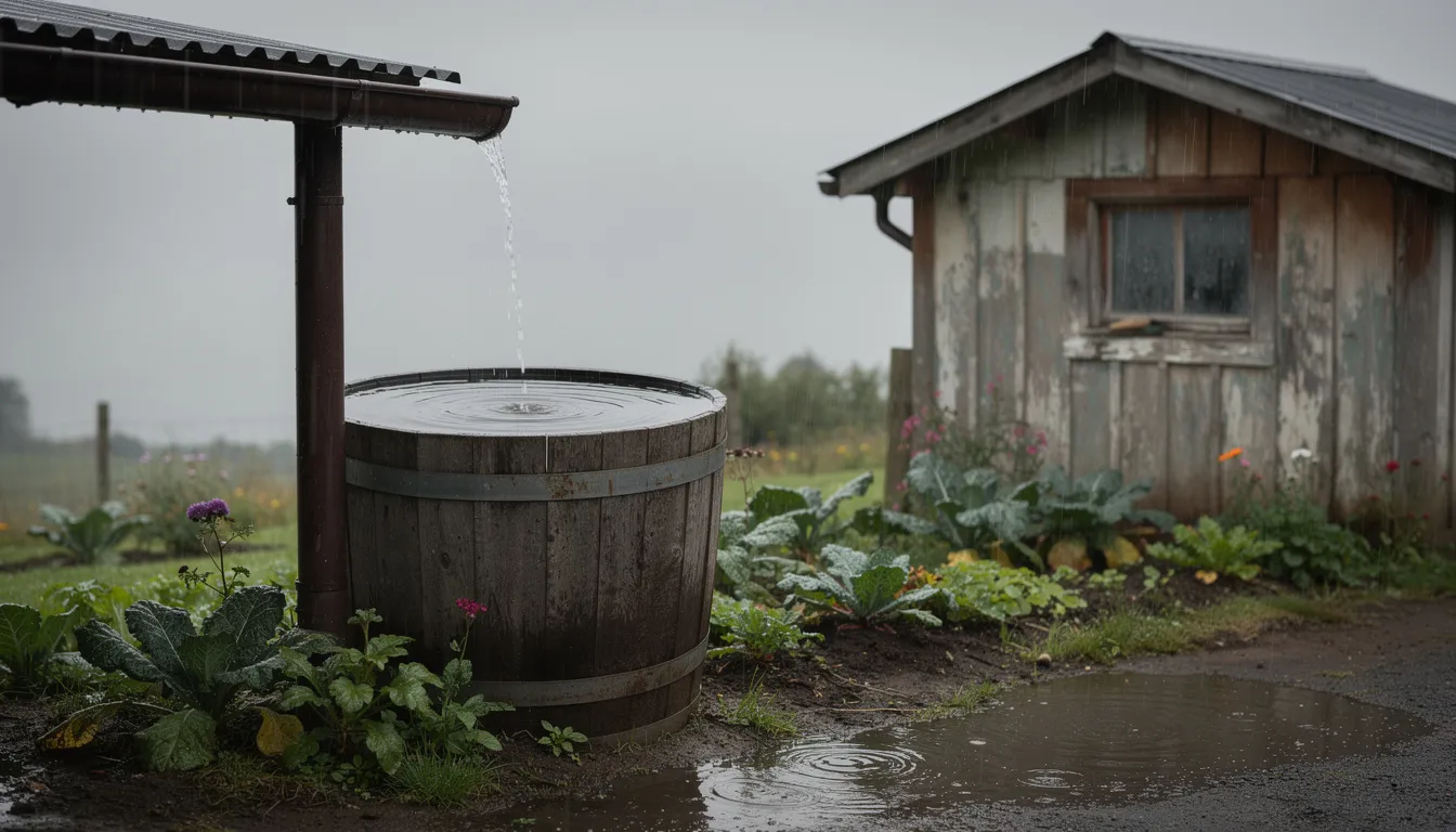 A rain barrel is positioned next to a garden shed, collecting rainwater, which reflects the essence of homesteading skills and self-sufficiency. This setup not only supports a vegetable garden but also embodies the journey towards managing one's own resources effectively.