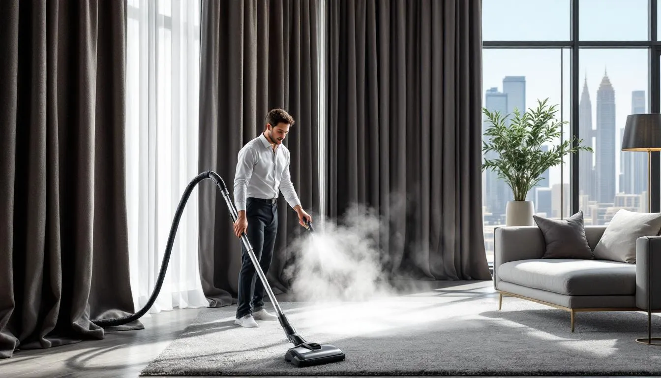 Steam cleaning curtains to remove stubborn stains.